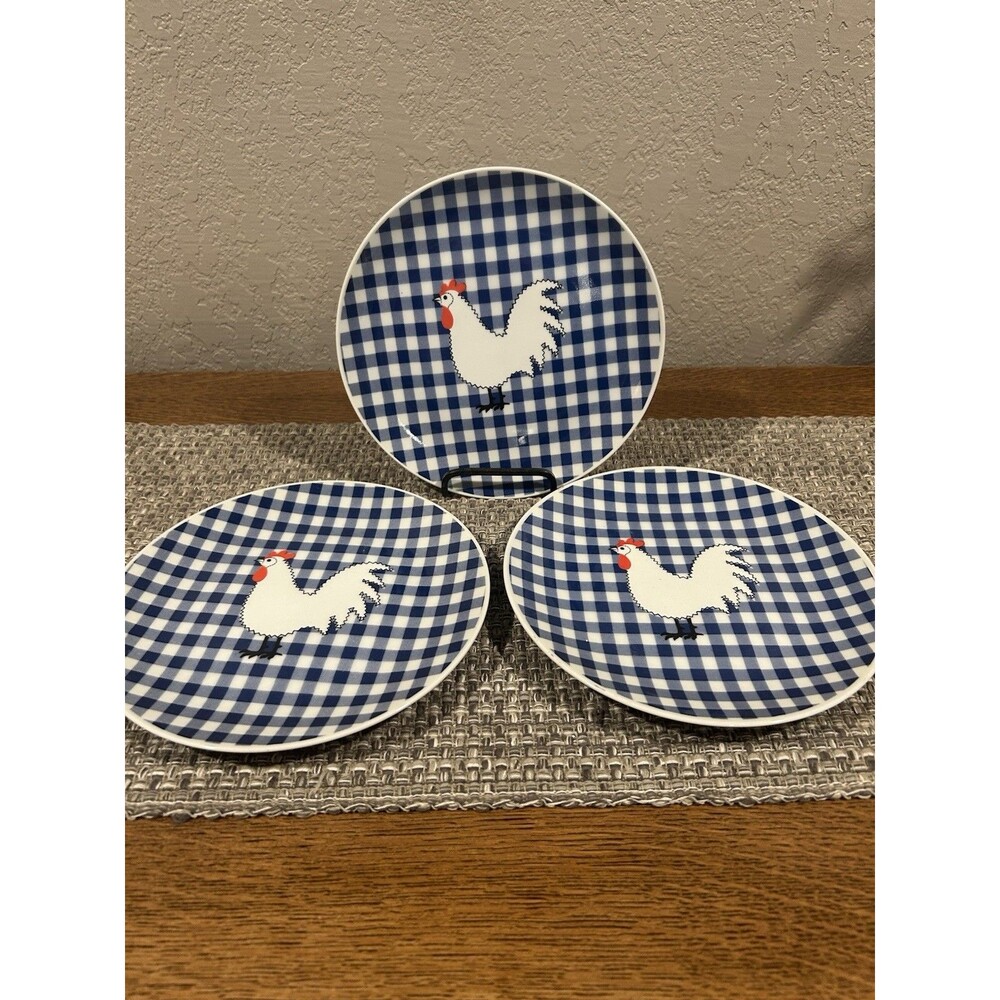 Vintage Rosenthal Netter Japan Salad Plates Blue Gingham Chicken Hen 8” Diameter